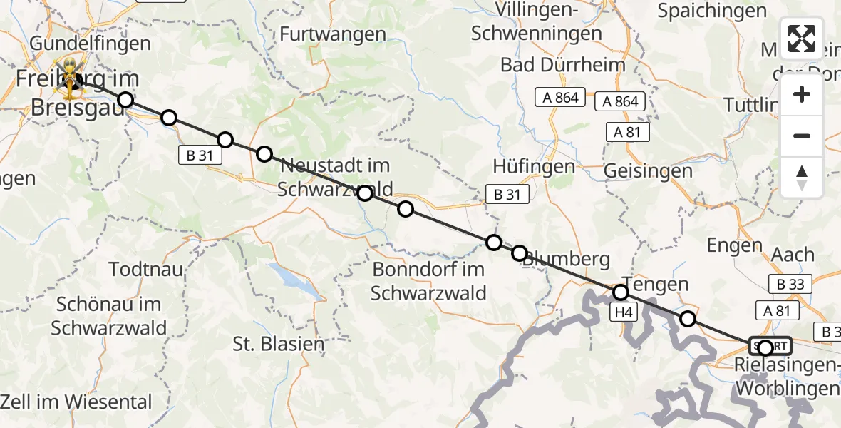 Flugroute Rettungshubschrauber Singen (Hohentwiel) - Freiburg University Hospital Heliport 1, 02 Juni 2026, 10:35