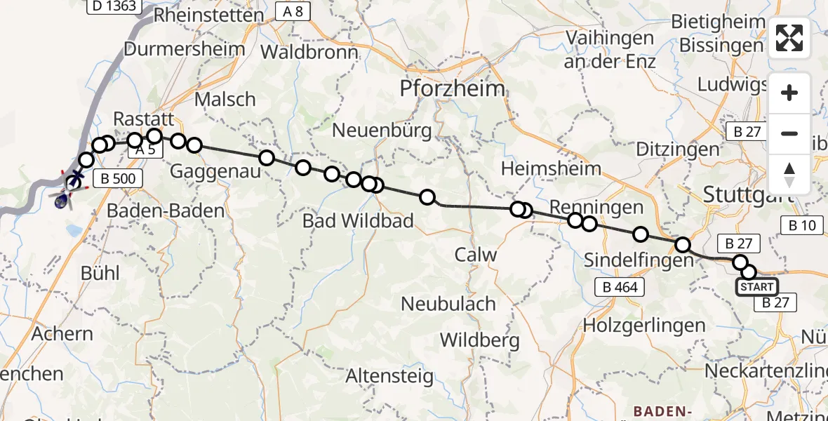 Flugroute Polizeihubschrauber Flughafen Stuttgart - Karlsruhe Baden-Baden Flughafen, 02 Juni 2026, 10:41