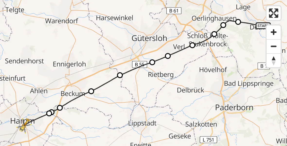 Flugroute Rettungshubschrauber Detmold - Hamm, 02 Juni 2026, 10:41