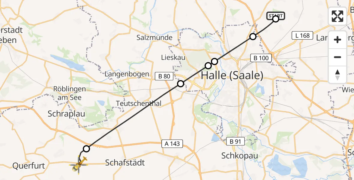 Flugroute Rettungshubschrauber Halle-Oppin Flugplatz - Obhausen, 02 Juni 2026, 10:42