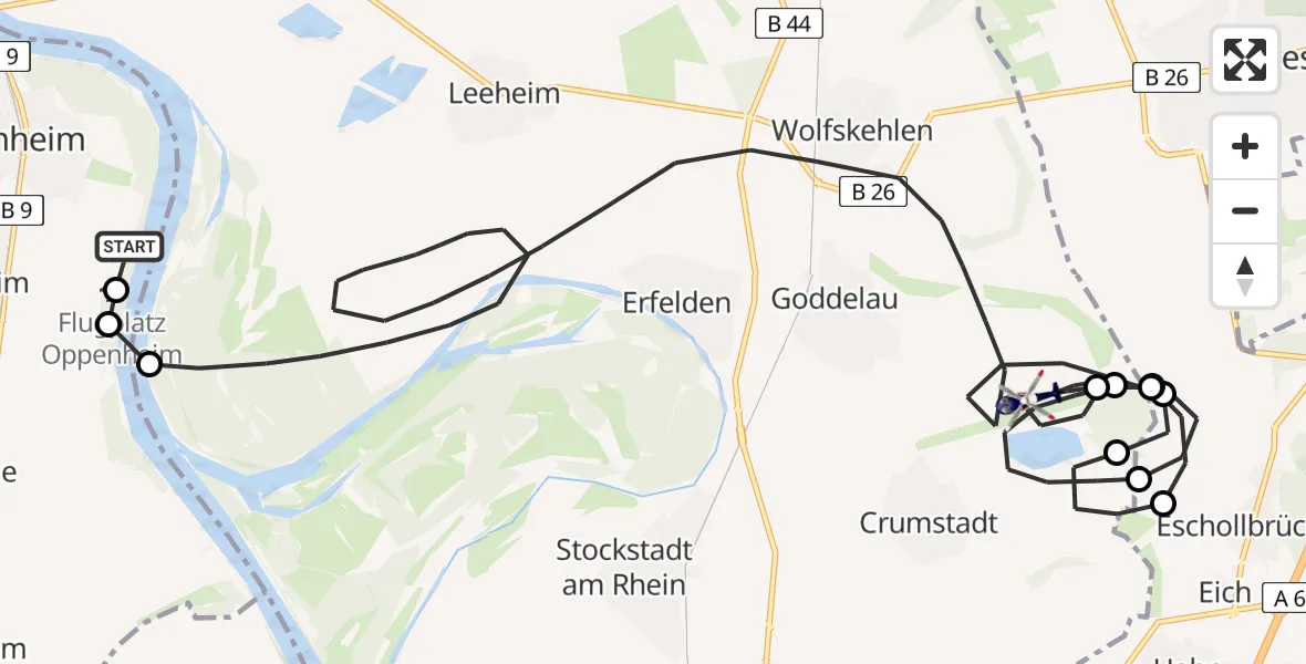Flugroute Polizeihubschrauber Oppenheim Flugplatz - Riedstadt, 02 Juni 2026, 10:46