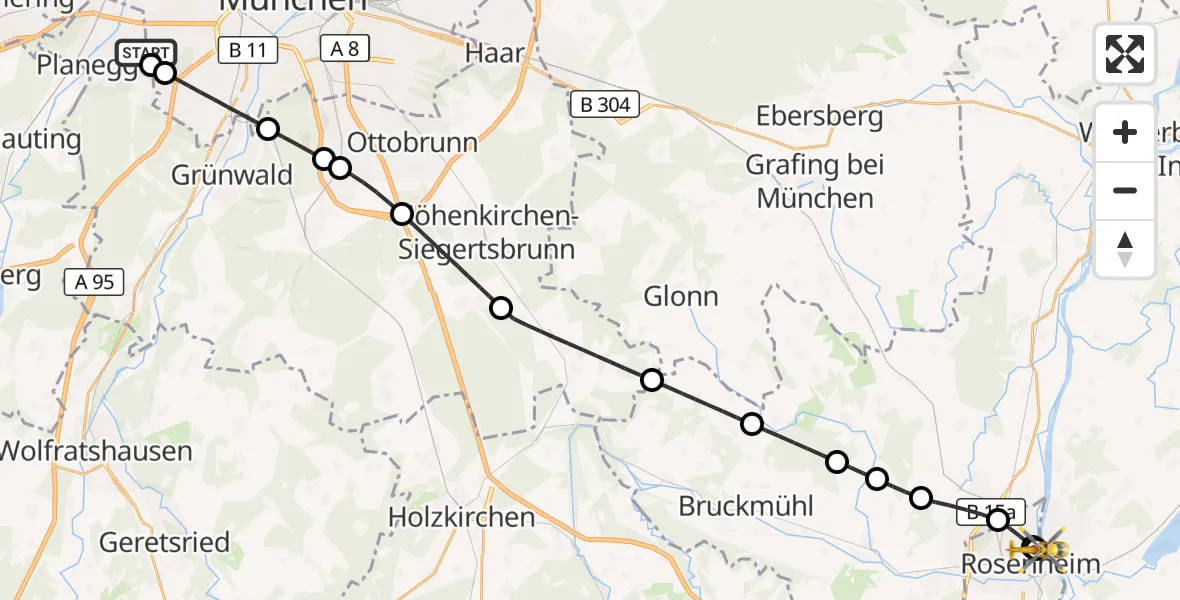 Flugroute Rettungshubschrauber DRF Air Rescue München Hubschrauberlandeplatz - RoMed Hospital Rosenheim, 02 Juni 2026, 10:52