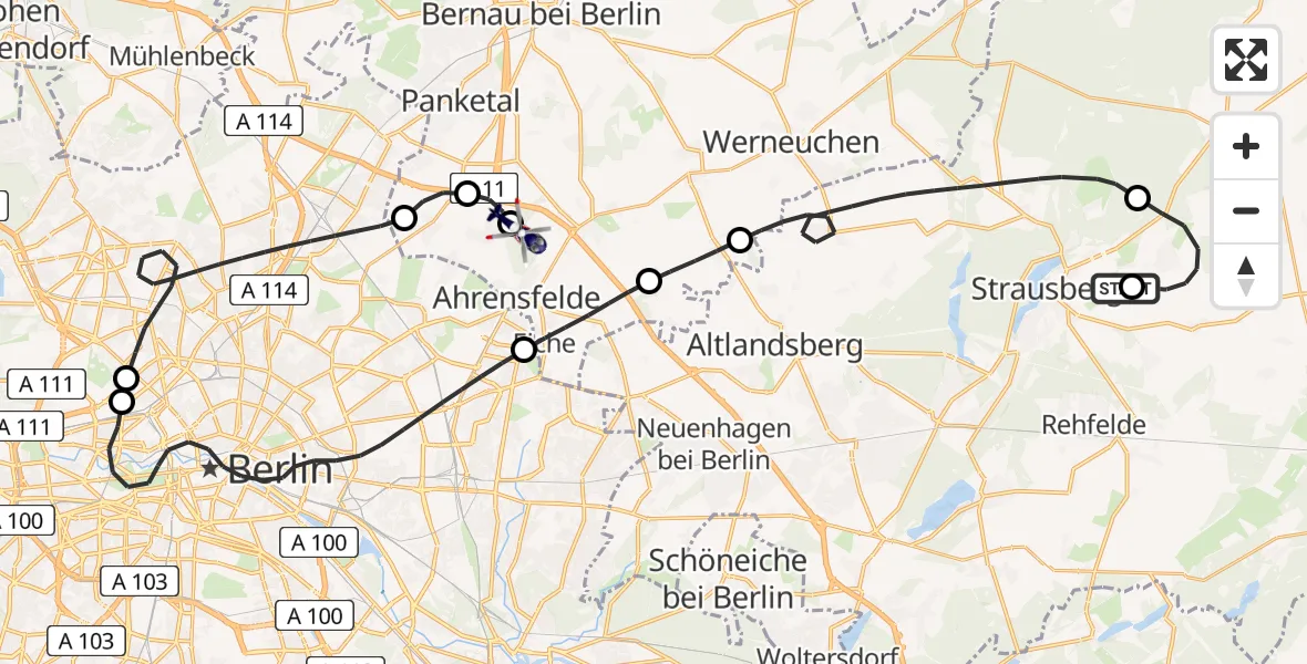 Flugroute Polizeihubschrauber Strausberg - Ahrensfelde Hubschrauberlandeplatz, 02 Juni 2026, 11:01