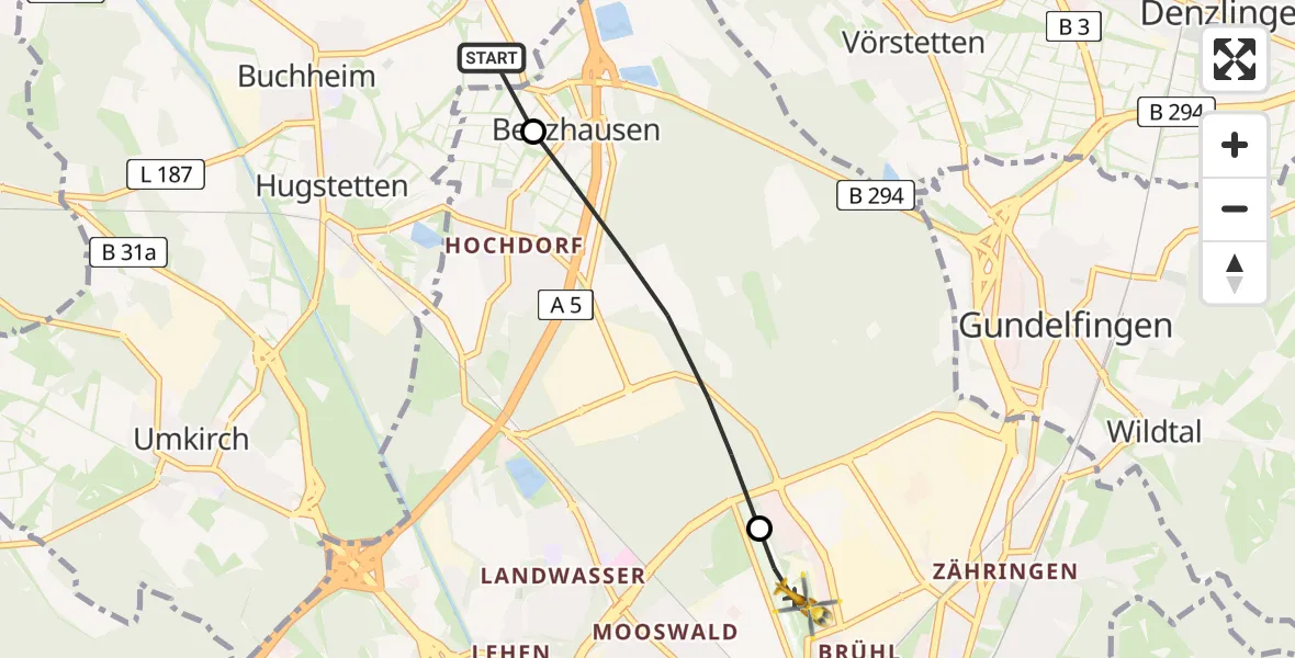 Flugroute Rettungshubschrauber March - Freiburg im Breisgau Flugplatz, 02 Juni 2026, 11:08