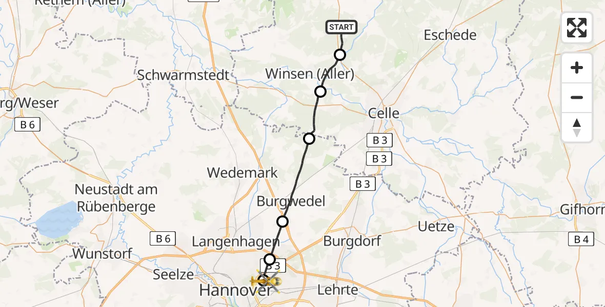Flugroute Rettungshubschrauber Bergen - Hannover Luftrettung Hubschrauberlandeplatz (Christoph 4), 02 Juni 2026, 11:19