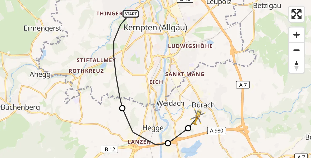 Flugroute Rettungshubschrauber Kempten (Allgäu) - Kempten-Durach Flugplatz, 02 Juni 2026, 11:26
