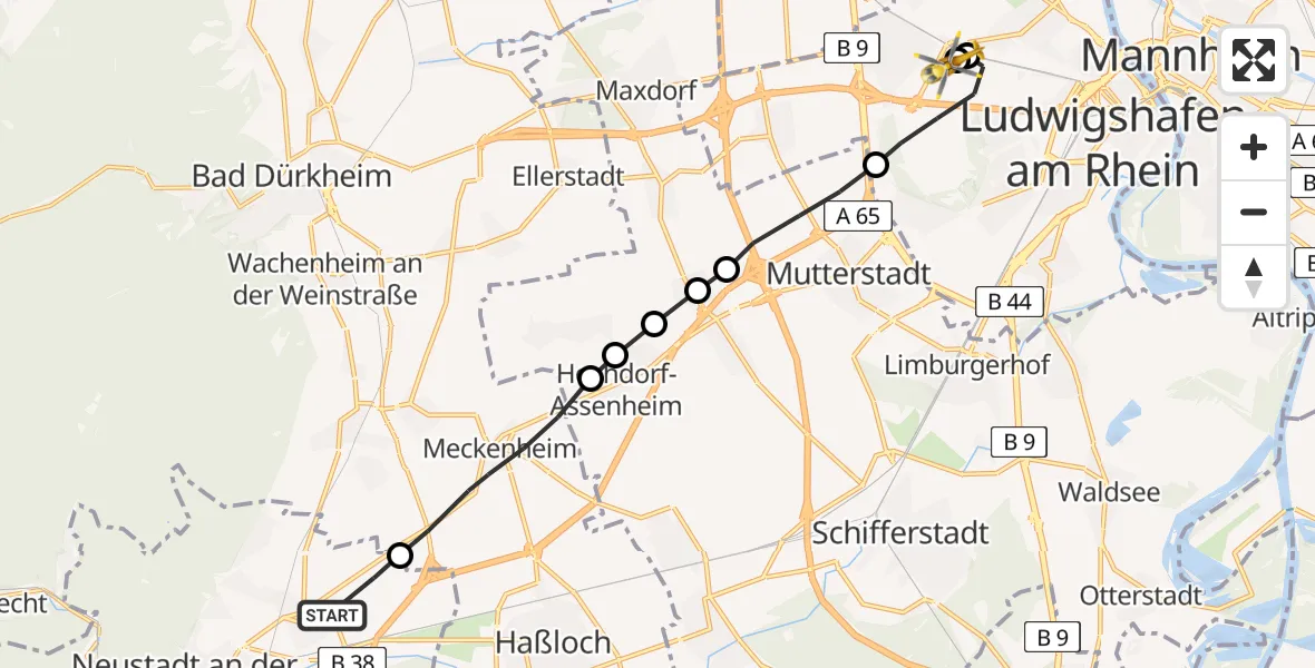 Flugroute Rettungshubschrauber Neustadt an der Weinstraße - Ludwigshafen Accident Hospital, 02 Juni 2026, 11:28