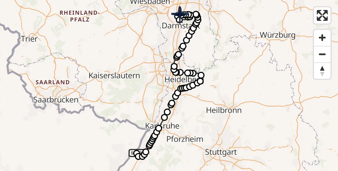 Flugroute Polizeiflugzeug Karlsruhe Baden-Baden Flughafen - Flughafen Frankfurt-Egelsbach, 02 Juni 2026, 11:32
