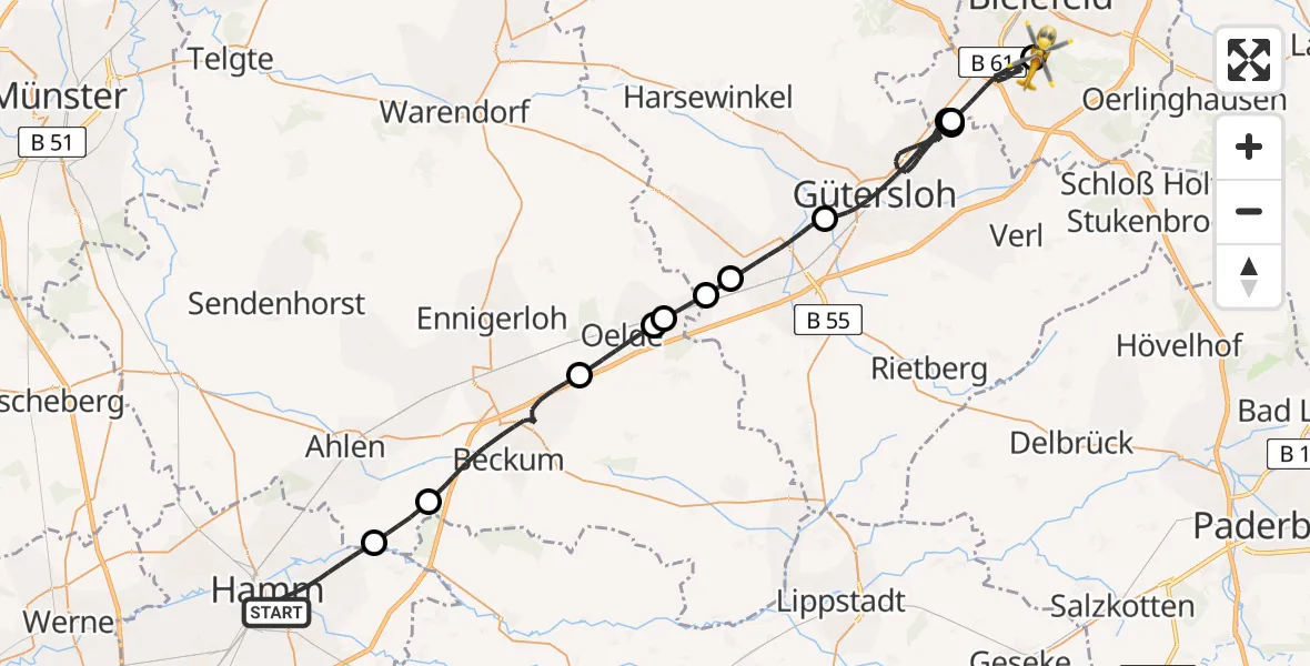 Flugroute Rettungshubschrauber Hamm - Luftrettungszentrum Bielefeld, 02 Juni 2026, 11:34