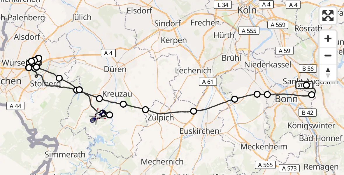 Flugroute Polizeihubschrauber Bonn-Hangelar Flugplatz - Düren-Hürtgenwald Flugplatz, 02 Juni 2026, 11:37