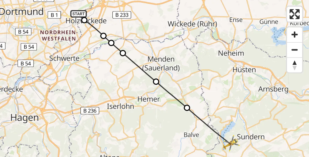 Flugroute Rettungshubschrauber Dortmund Flughafen - Sundern (Sauerland), 02 Juni 2026, 11:38