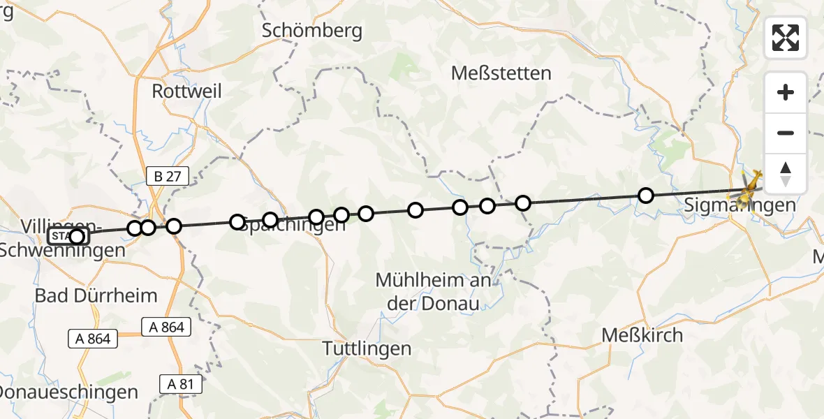 Flugroute Ambulanzhubschrauber DRF Air Rescue Station Villingen-Schwenningen Hubschrauberlandeplatz (Christoph 11) - Sigmaringen, 02 Juni 2026, 11:43