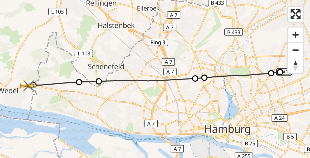 Flugroute Rettungshubschrauber Hamburg Military Hospital - Wedel, 02 Juni 2026, 11:43