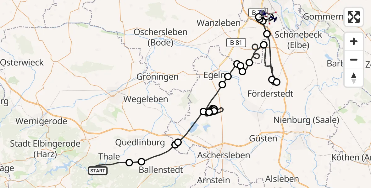 Flugroute Polizeihubschrauber Thale - Magdeburg City Flugplatz, 02 Juni 2026, 11:47