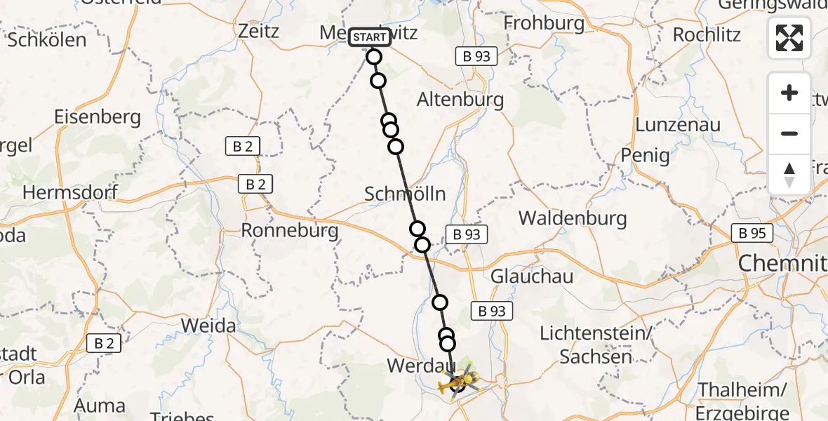 Flugroute Rettungshubschrauber Meuselwitz - ADAC Air Rescue Station Zwickau Hubschrauberlandeplatz, 02 Juni 2026, 11:49