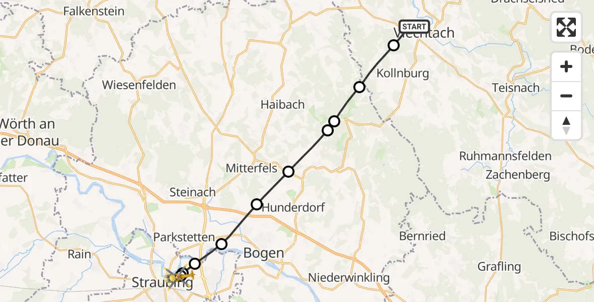 Flugroute Rettungshubschrauber Viechtach - Sankt Elisabeth Hospital Straubing, 02 Juni 2026, 11:50