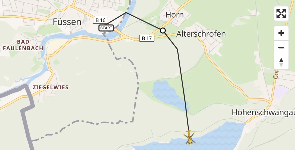 Flugroute Rettungshubschrauber Füssen - Schwangau, 02 Juni 2026, 11:53