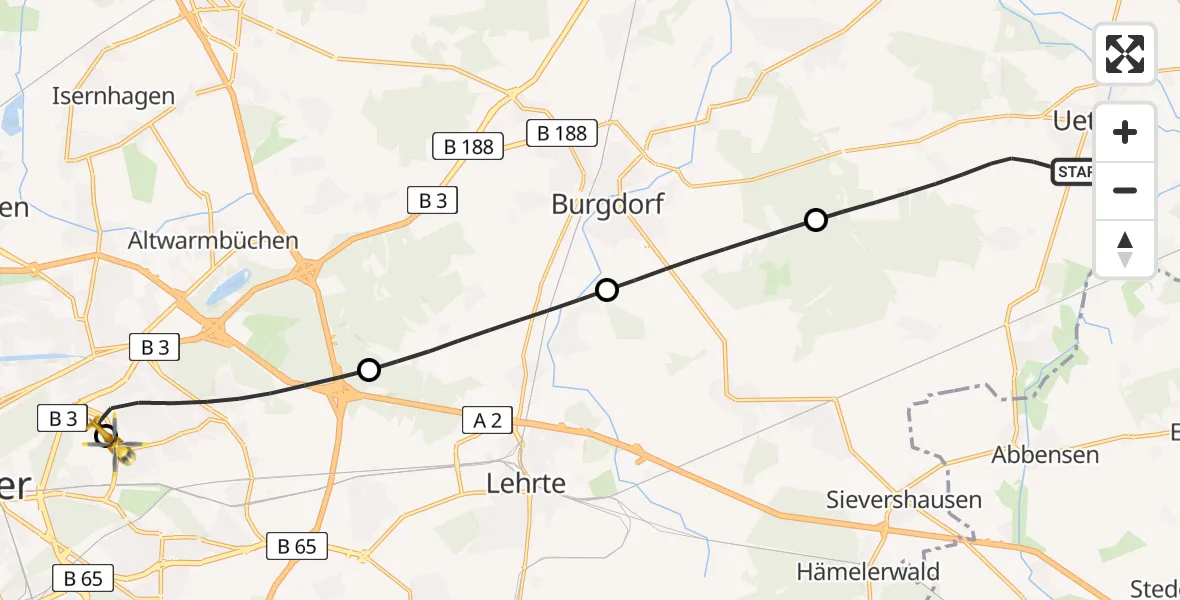 Flugroute Rettungshubschrauber Uetze - Hannover Luftrettung Hubschrauberlandeplatz (Christoph 4), 02 Juni 2026, 12:02