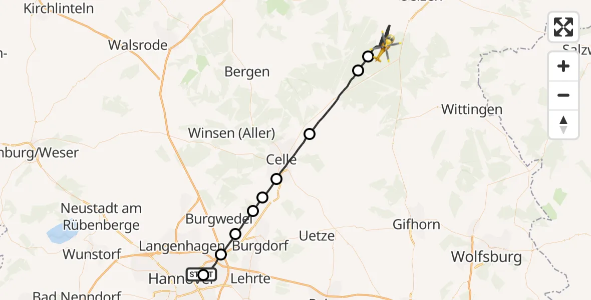 Flugroute Rettungshubschrauber Hannover Luftrettung Hubschrauberlandeplatz (Christoph 4) - Suderburg, 02 Juni 2026, 12:09