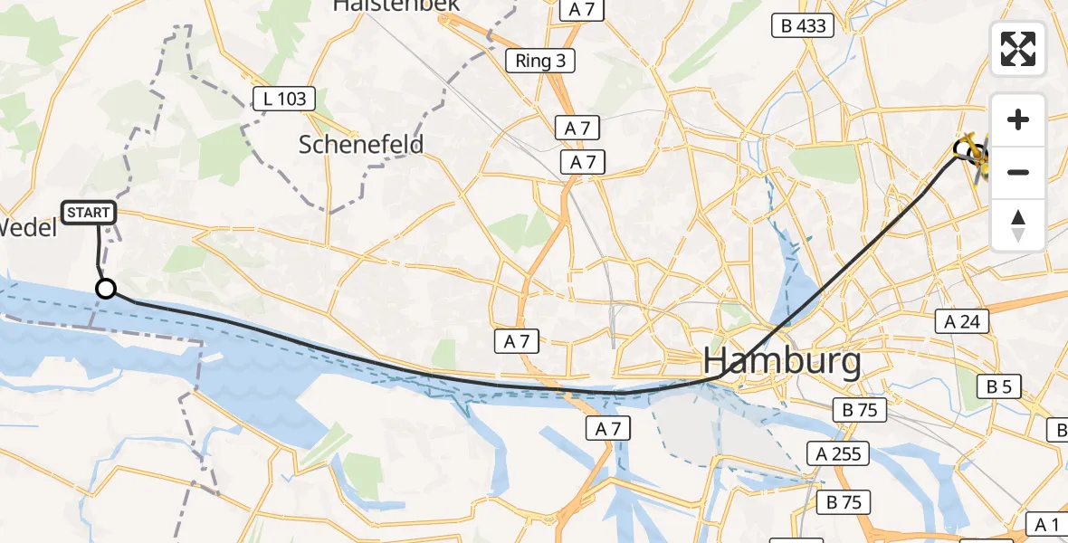 Flugroute Rettungshubschrauber Wedel - Hamburg Military Hospital, 02 Juni 2026, 12:16