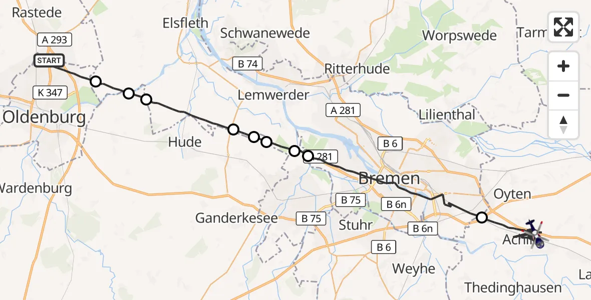 Flugroute Polizeihubschrauber Oldenburg (Oldb) - Achim, 02 Juni 2026, 12:16