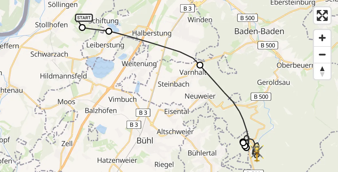 Flugroute Ambulanzhubschrauber Karlsruhe Baden-Baden Flughafen - Baden-Baden, 02 Juni 2026, 12:23