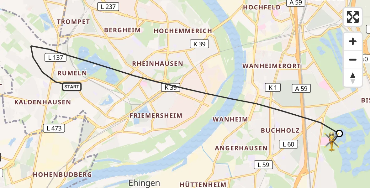 Flugroute Rettungshubschrauber Duisburg - Duisburg Air Rescue Hubschrauberlandeplatz (Christoph 9), 02 Juni 2026, 12:33
