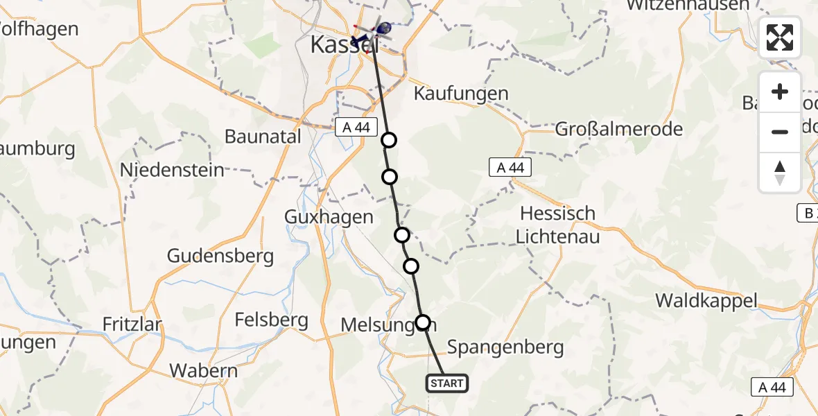 Flugroute Polizeihubschrauber Spangenberg - Kassel, 02 Juni 2026, 12:36