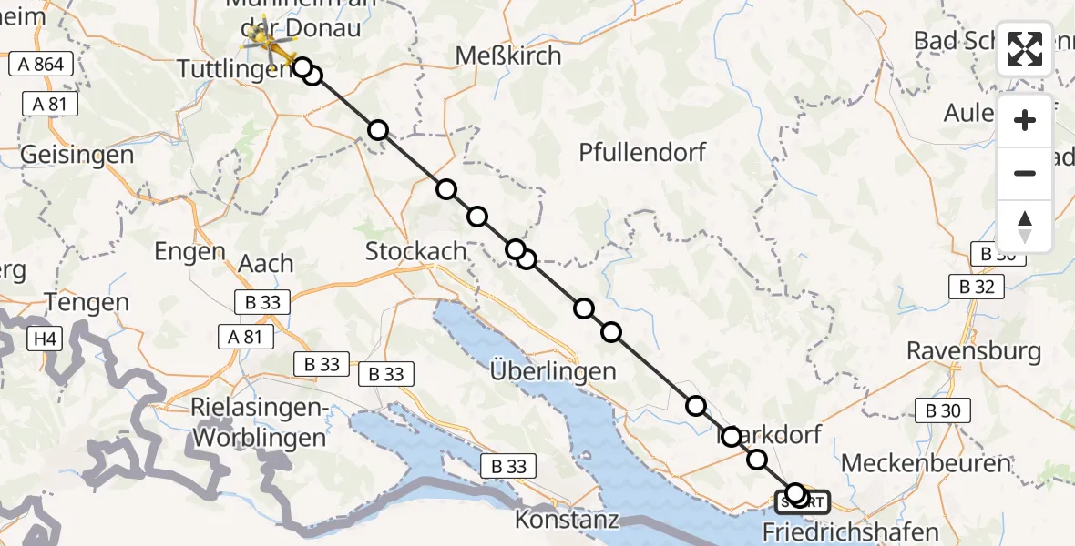 Flugroute Rettungshubschrauber Friedrichshafen Hospital - Tuttlingen, 02 Juni 2026, 12:37