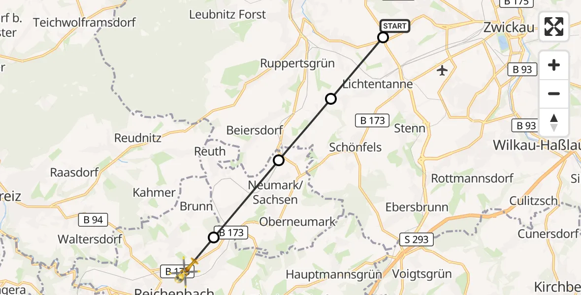 Flugroute Rettungshubschrauber ADAC Air Rescue Station Zwickau Hubschrauberlandeplatz - Reichenbach im Vogtland, 02 Juni 2026, 12:42