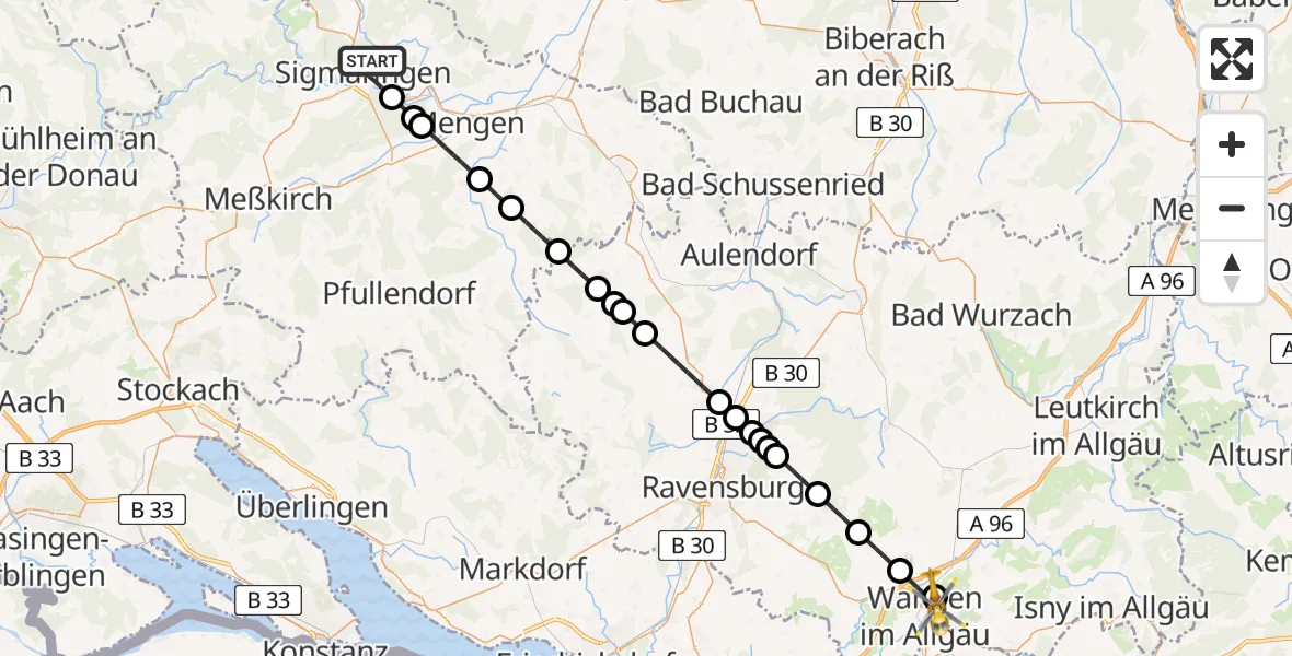 Flugroute Ambulanzhubschrauber Sigmaringen - Westallgäu Clinic Wangen Hubschrauberlandeplatz, 02 Juni 2026, 12:56