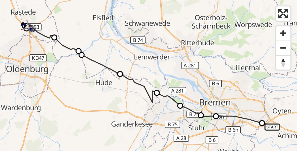 Flugroute Polizeihubschrauber Achim - Oldenburg Police Hubschrauberlandeplatz, 02 Juni 2026, 12:59