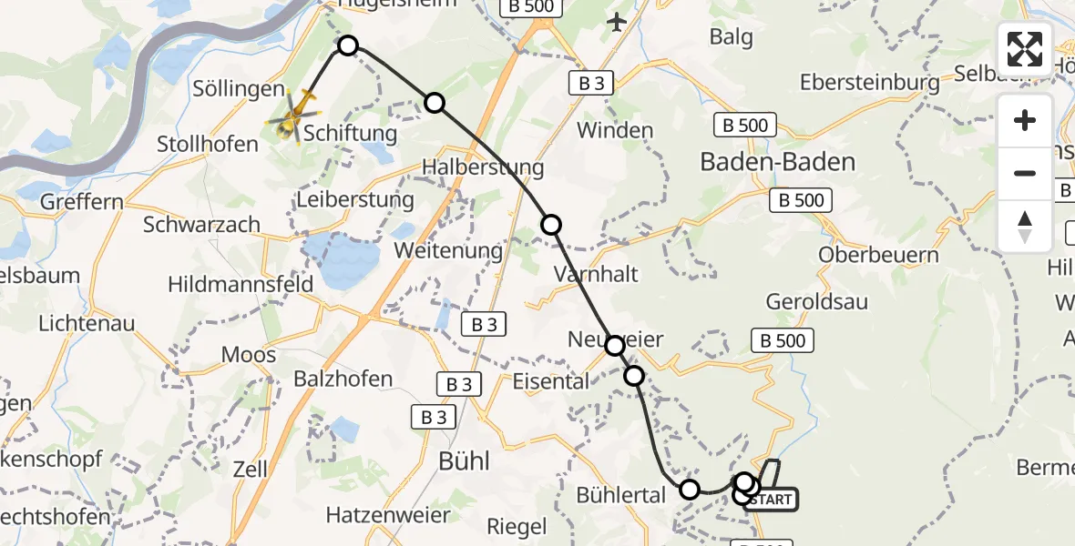 Flugroute Ambulanzhubschrauber Baden-Baden - Karlsruhe Baden-Baden Flughafen, 02 Juni 2026, 13:00