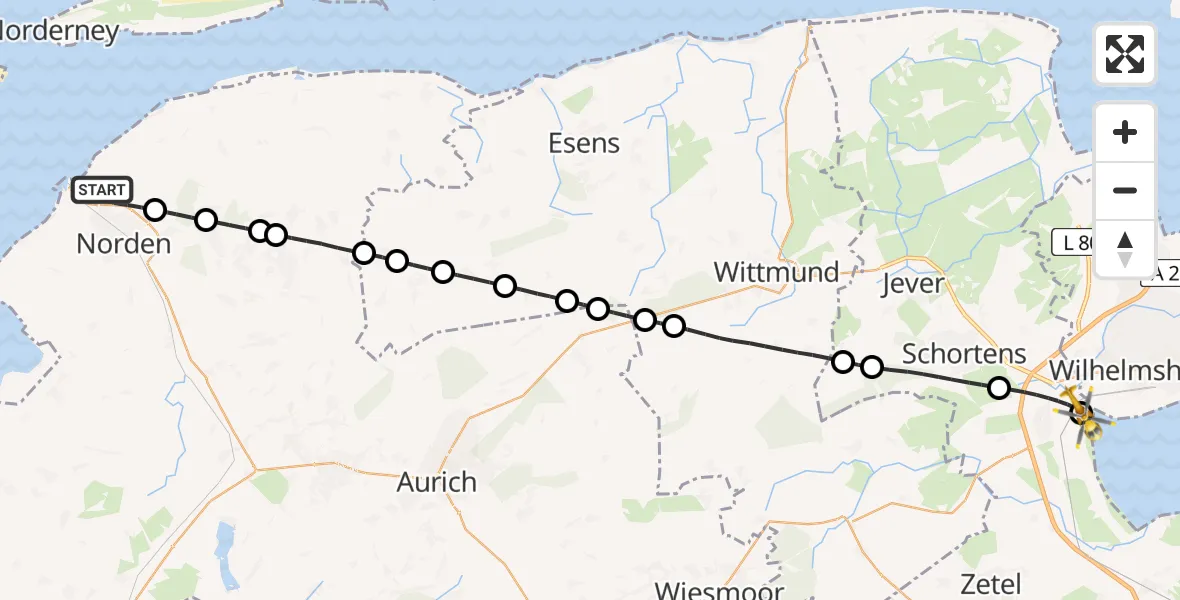 Flugroute Ambulanzhubschrauber Norden - JadeWeser Flughafen, 02 Juni 2026, 13:00