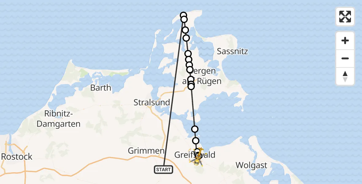 Flugroute Rettungshubschrauber Süderholz - Greifswald Hospital, 02 Juni 2026, 13:02
