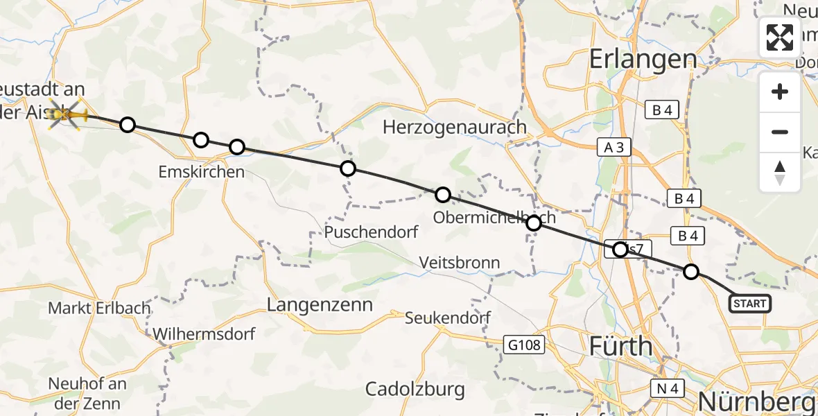 Flugroute Ambulanzhubschrauber Flughafen Nuremberg - Neustadt a.d.Aisch, 02 Juni 2026, 13:02