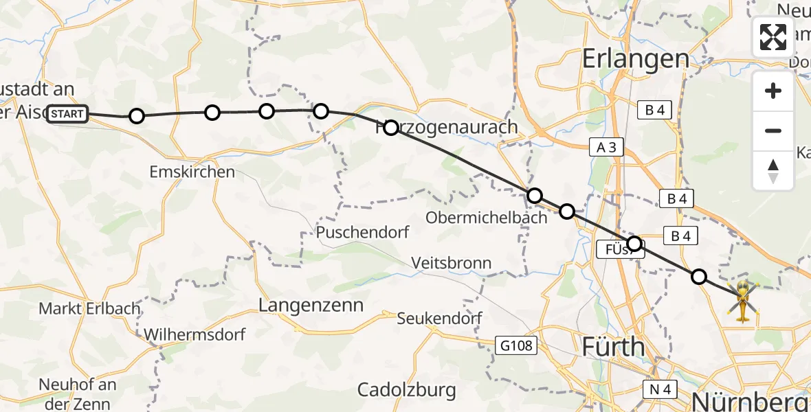 Flugroute Ambulanzhubschrauber Neustadt a.d.Aisch - Flughafen Nuremberg, 02 Juni 2026, 13:36
