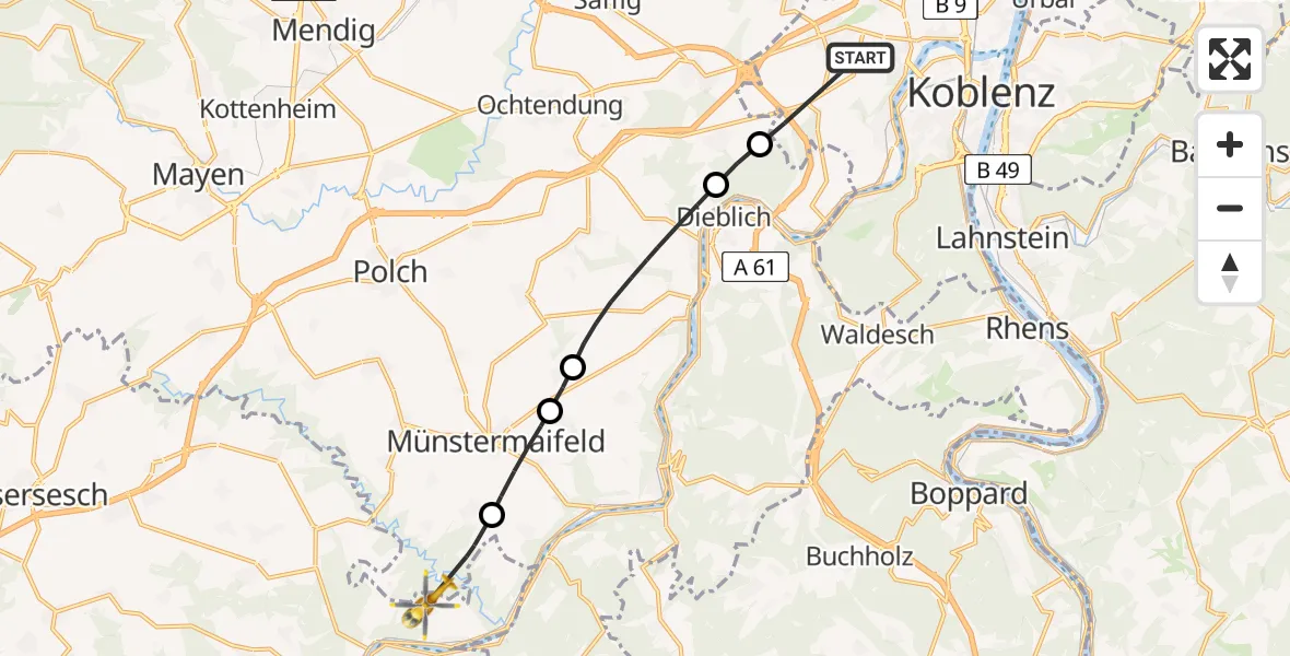 Flugroute Rettungshubschrauber Koblenz - Müden (Mosel), 02 Juni 2026, 13:44