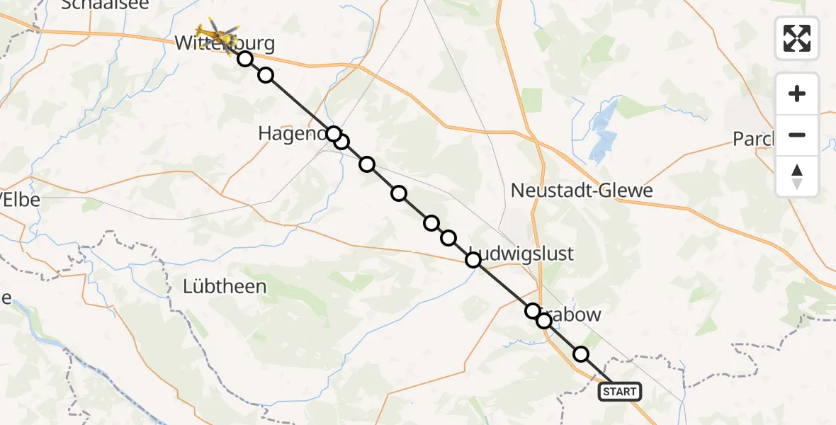 Flugroute Rettungshubschrauber Karstädt - Wittenburg, 02 Juni 2026, 13:48