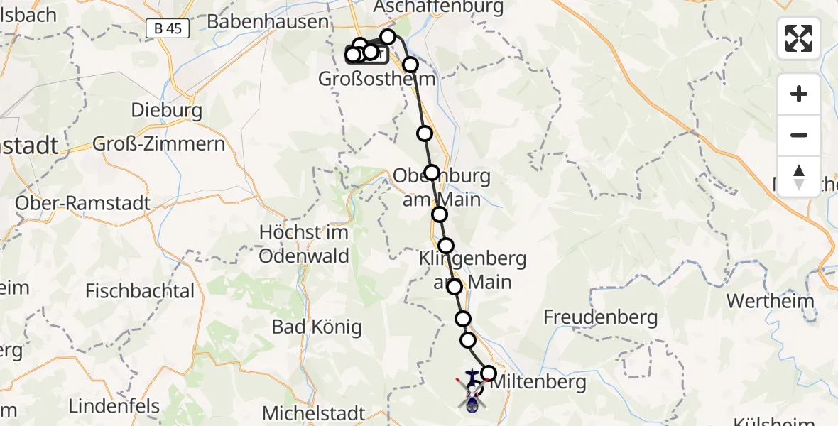 Flugroute Polizeihubschrauber Flugplatz Aschaffenburg - Mainbullau Flugplatz, 02 Juni 2026, 13:50