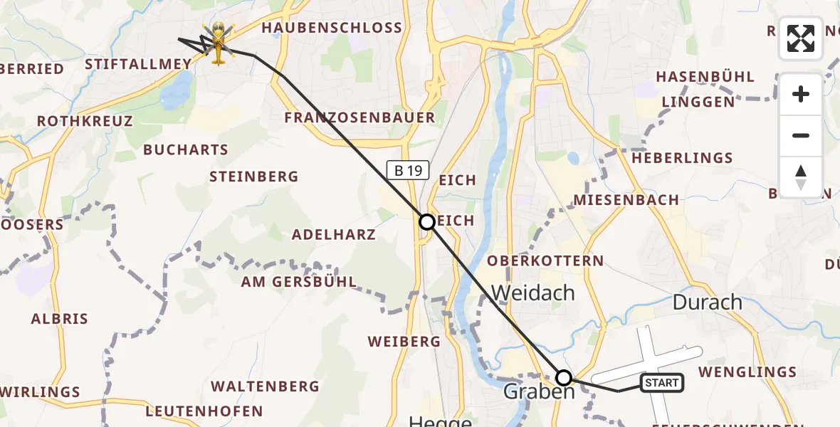 Flugroute Rettungshubschrauber Kempten-Durach Flugplatz - Kempten (Allgäu), 02 Juni 2026, 13:57