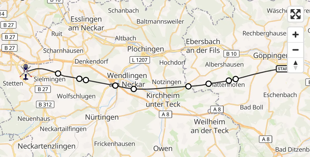 Flugroute Polizeihubschrauber Göppingen - Flughafen Stuttgart, 02 Juni 2026, 14:03
