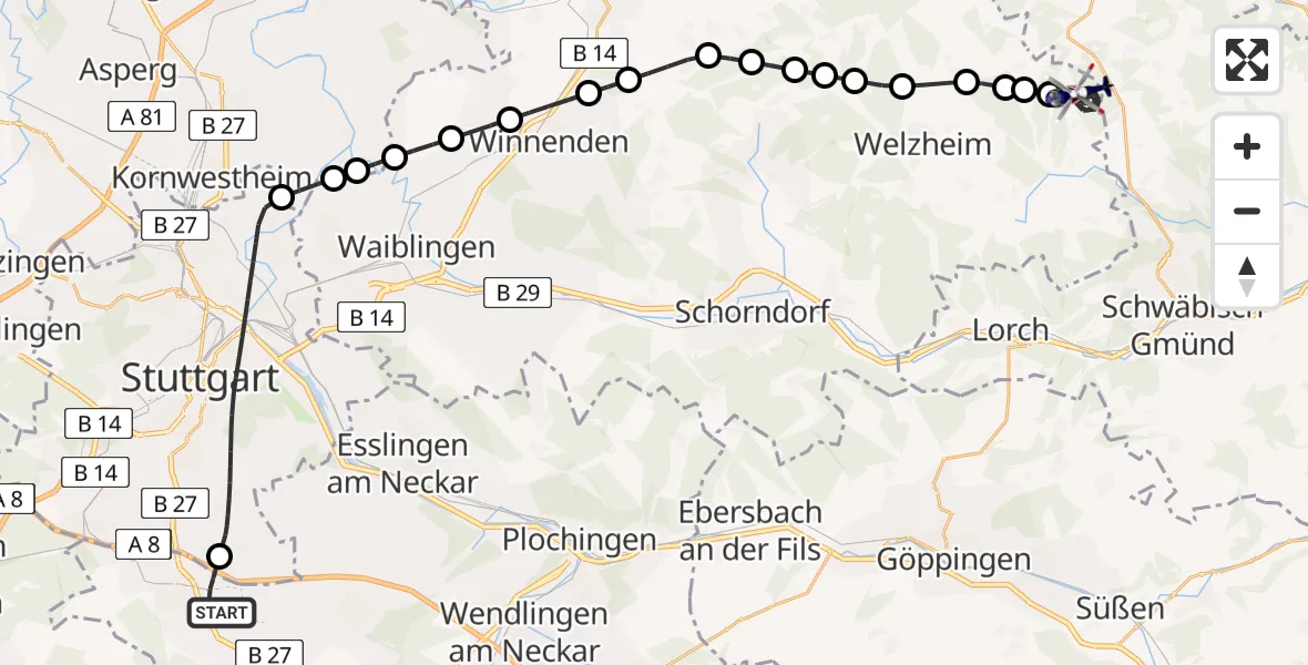 Flugroute Polizeihubschrauber Flughafen Stuttgart - Alfdorf, 02 Juni 2026, 14:16