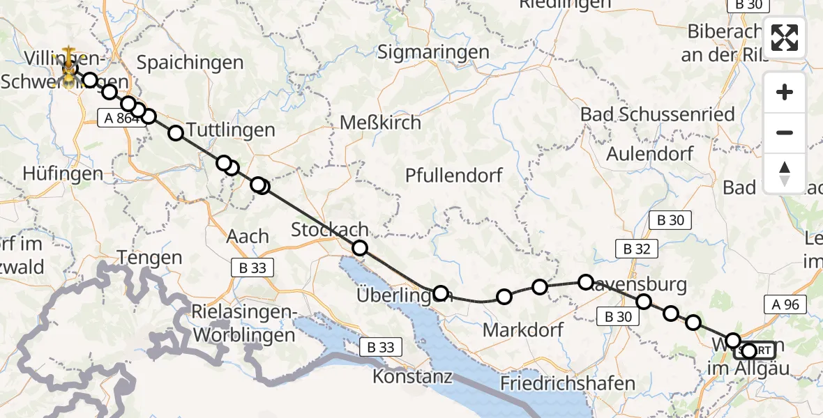 Flugroute Ambulanzhubschrauber Westallgäu Clinic Wangen Hubschrauberlandeplatz - DRF Air Rescue Station Villingen-Schwenningen Hubschrauberlandeplatz (Christoph 11), 02 Juni 2026, 14:22