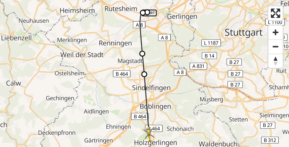 Flugroute Rettungshubschrauber Leonberg Hospital - Holzgerlingen, 02 Juni 2026, 14:41