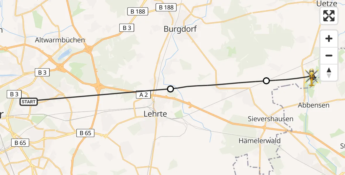 Flugroute Rettungshubschrauber Hannover Luftrettung Hubschrauberlandeplatz (Christoph 4) - Uetze, 02 Juni 2026, 14:44