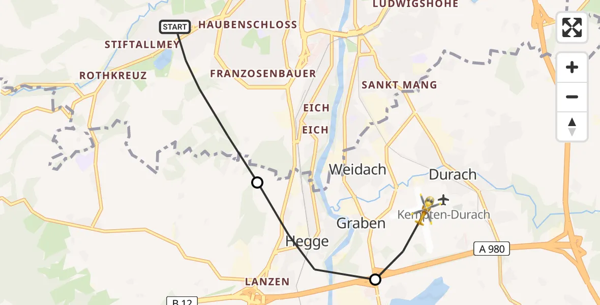 Flugroute Rettungshubschrauber Kempten (Allgäu) - Kempten-Durach Flugplatz, 02 Juni 2026, 15:03