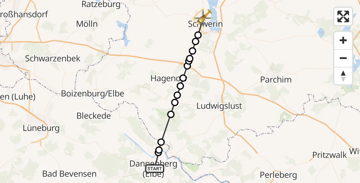 Flugroute Rettungshubschrauber Dannenberg (Elbe) - Schwerin, 02 Juni 2026, 15:05
