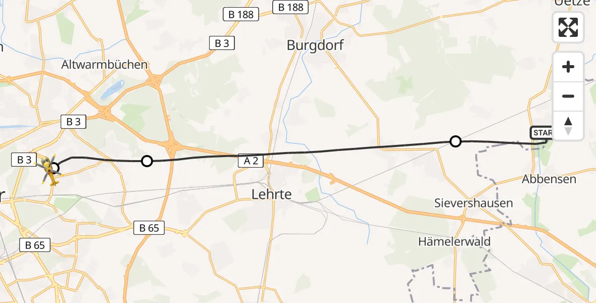 Flugroute Rettungshubschrauber Uetze - Hannover Luftrettung Hubschrauberlandeplatz (Christoph 4), 02 Juni 2026, 15:07