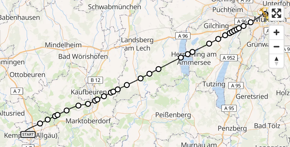 Flugroute Rettungshubschrauber Kempten (Allgäu) - Deutsches Herzzentrum München, 02 Juni 2026, 15:14